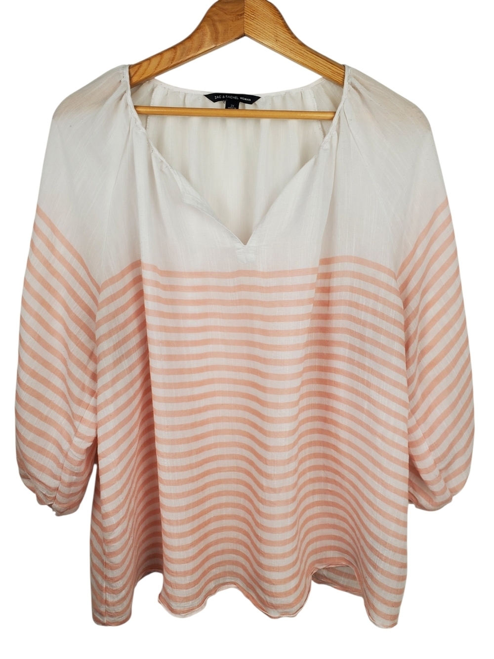Zac & Rachel White and Light Peach Striped V-Neck Blouse. 2X. #274